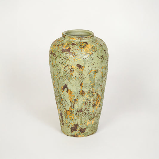 White background image of green ceramic floor vase for elegant interior decor styling with textured artistic finish.