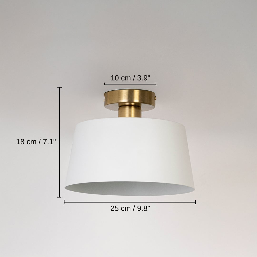 White semi flush ceiling light with gold holder dome shape fixture, base 18 x 25 x 25 cm (7.1 x 9.8 x 9.8 inches), canopy 10 x 10 cm (3.9 x 3.9 inches) dimensions