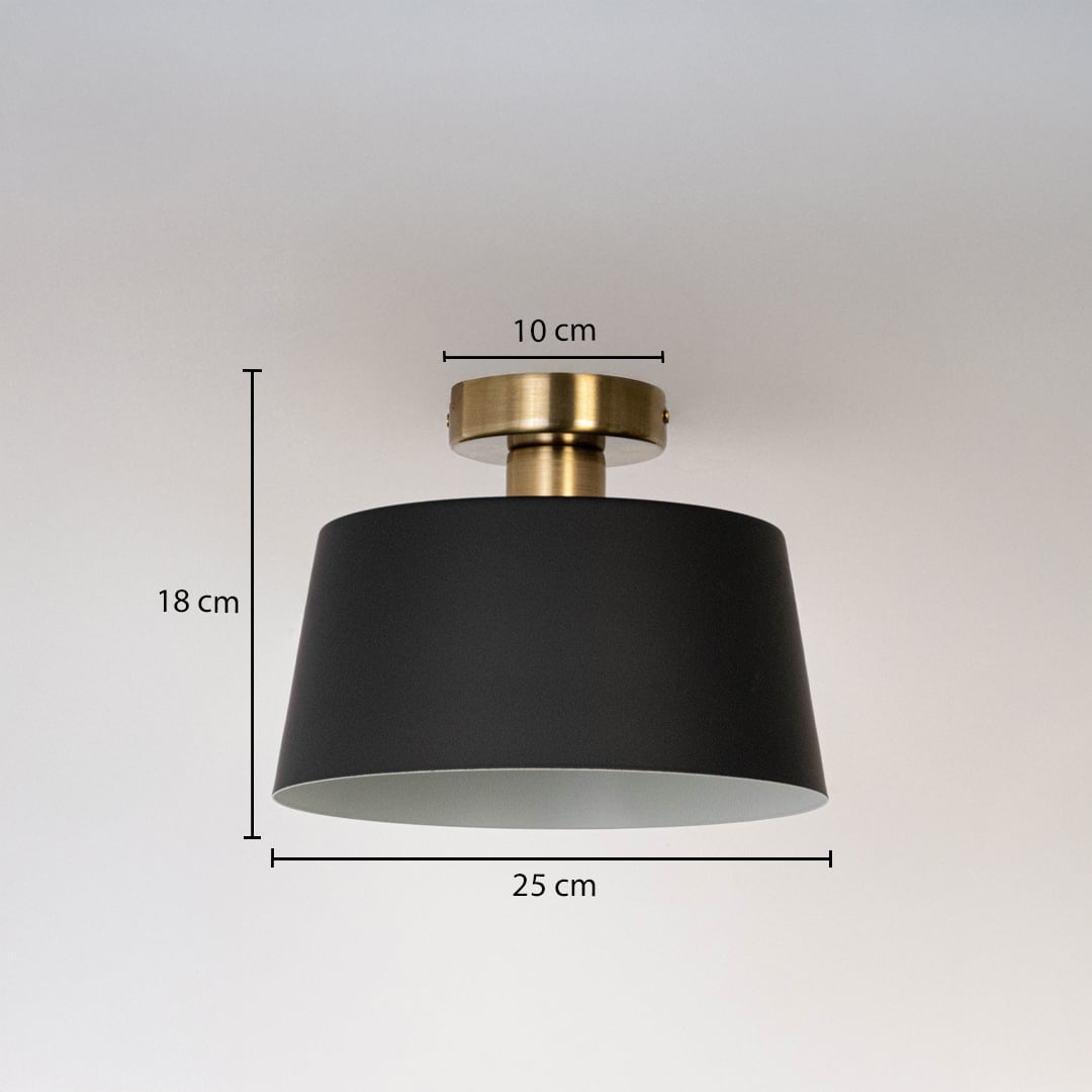 Black ceiling light with gold base and drum shade shown with dimensions 25cm width and 18cm height for modern ceiling decor.