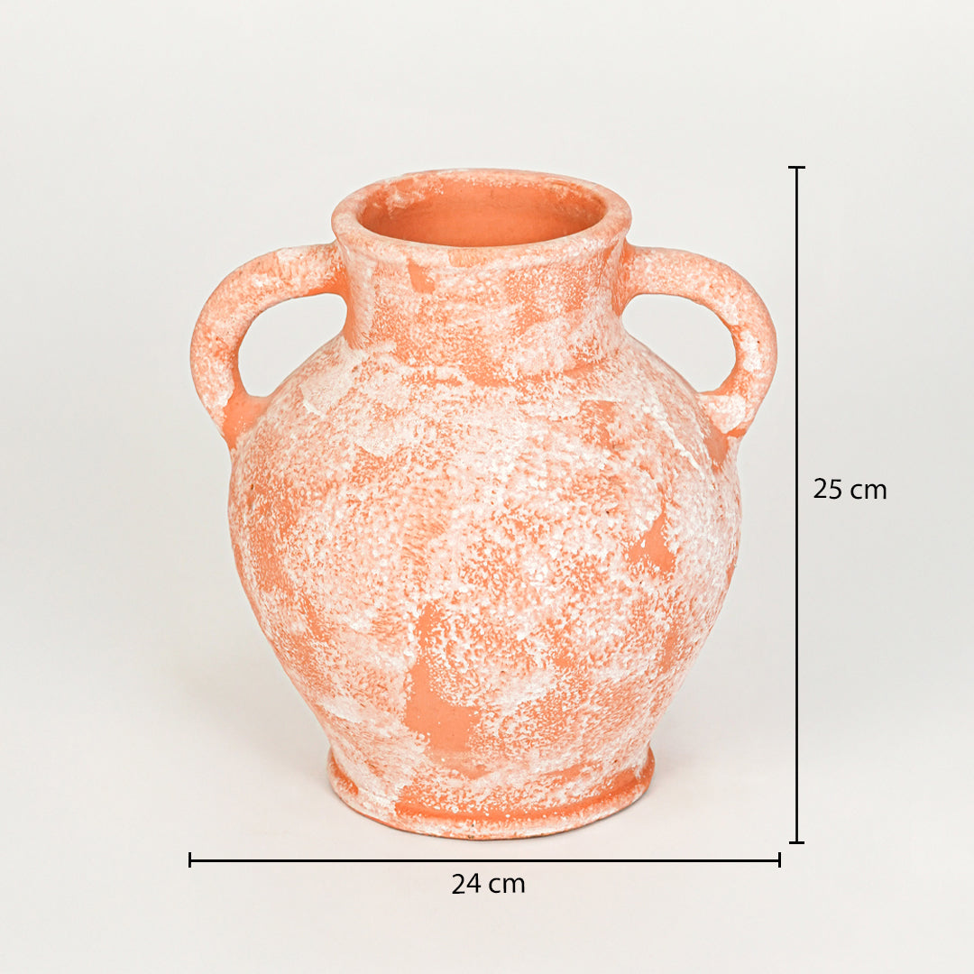 Dimension image of peach ceramic handle vase measuring 25 cm for elegant tabletop decor with rustic finish.