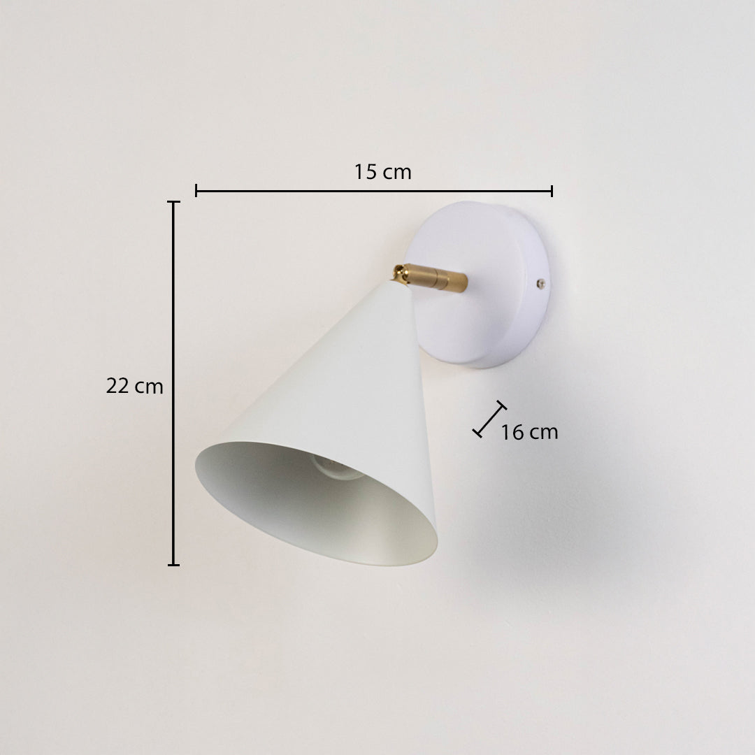 White wall sconce shown with 22 cm height 15 cm width and 16 cm depth showcasing its compact modern cone shaped lighting design for interior home decor.
