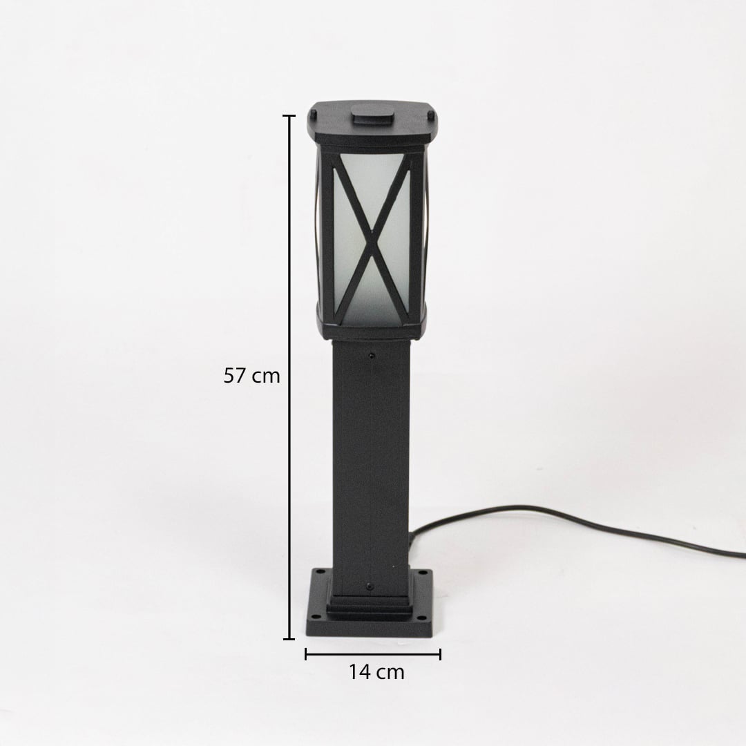 Pillar light dimension image showing X patterned black metal frame with frosted glass shade ideal for outdoor decor.
