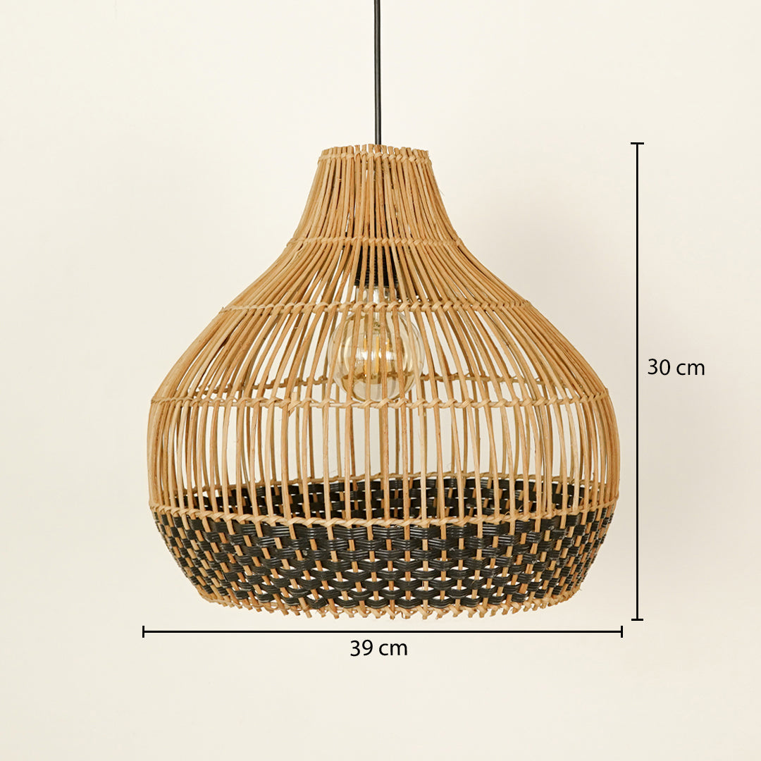 Natural and black rattan pendant light with 35 cm width and 43 cm height for elegant ceiling placement.