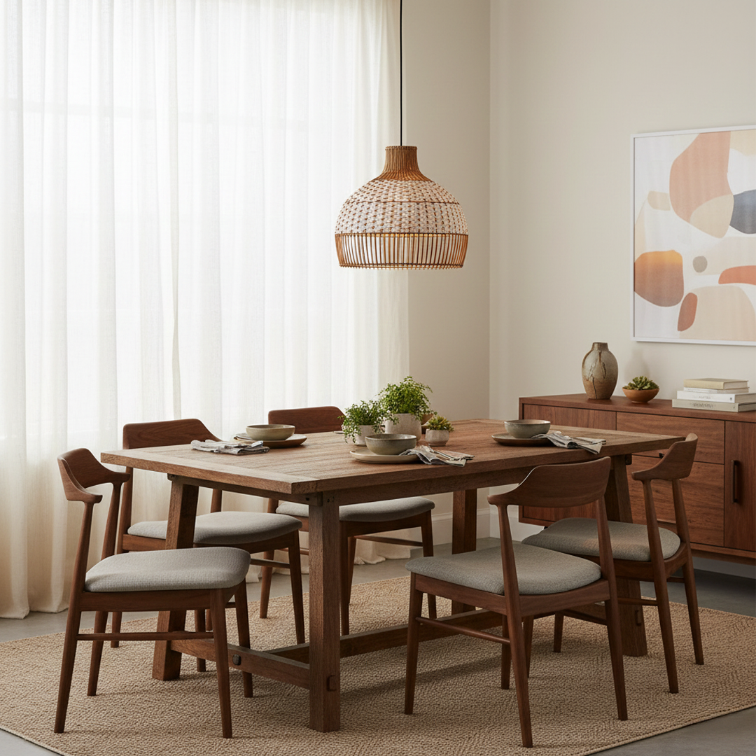 Natural rattan pendant light above dining area adding warm ambiance and timeless rustic beauty.