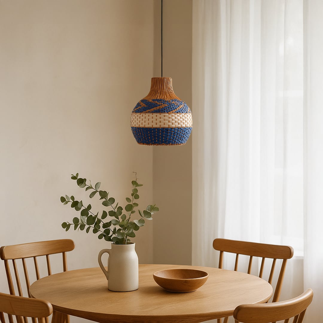 Blue and beige woven rattan pendant light enhancing dining spaces with coastal inspired elegance.