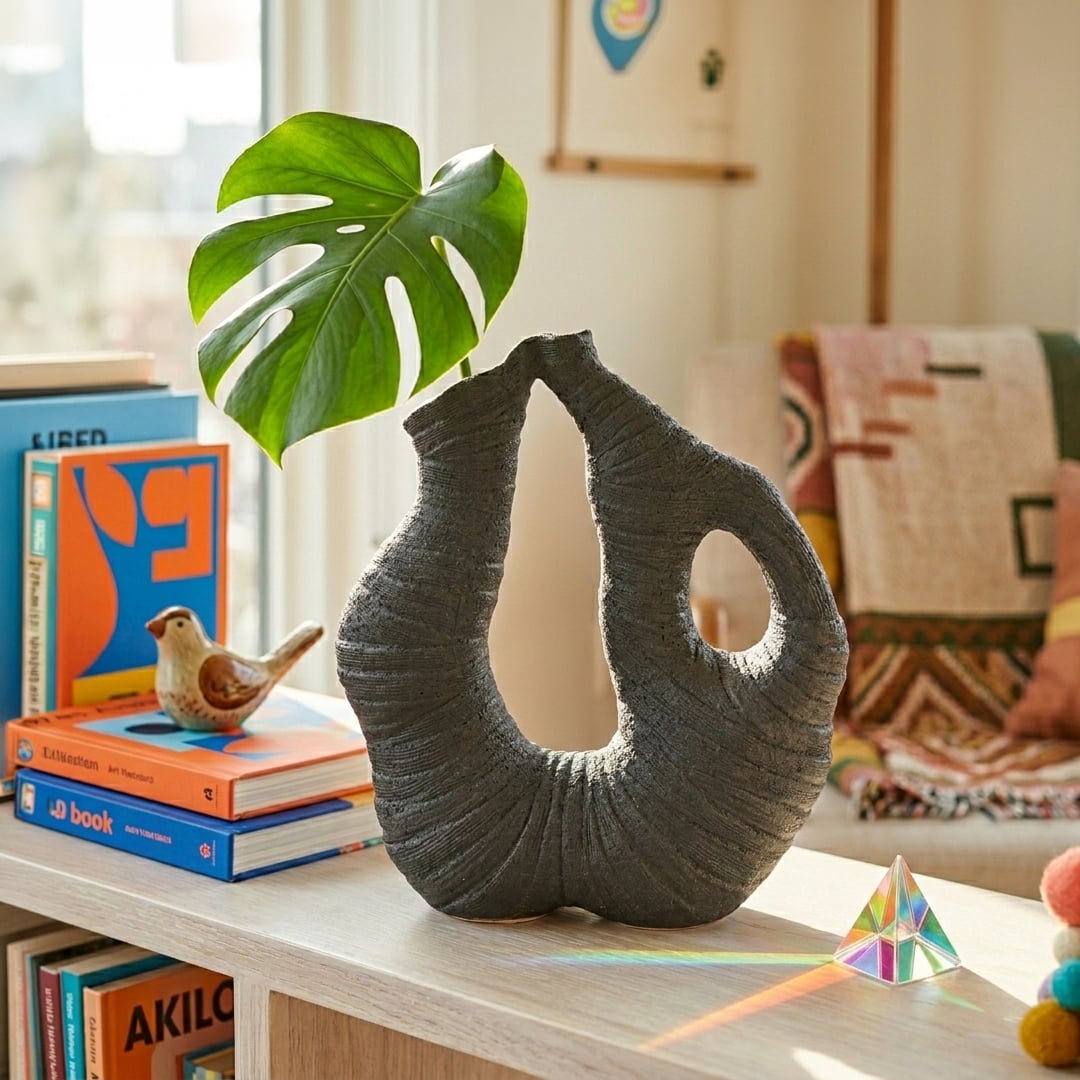Artistic black sculptural vase with monstera leaf on shelf for vibrant modern home decor and cozy living room style.