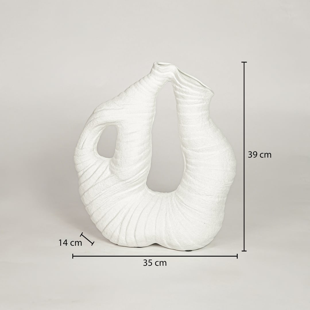 White ceramic abstract sculptural decorative vase showing 35 cm width 14 cm depth and 39 cm height ideal for console table decor display.