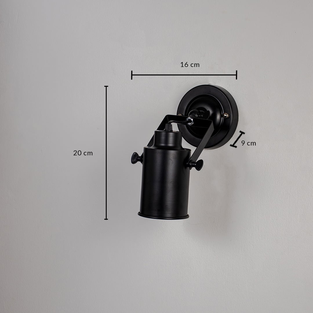Black metal wall light with 30 cm height 35 cm width and 7 cm depth for modern decor styling spaces.