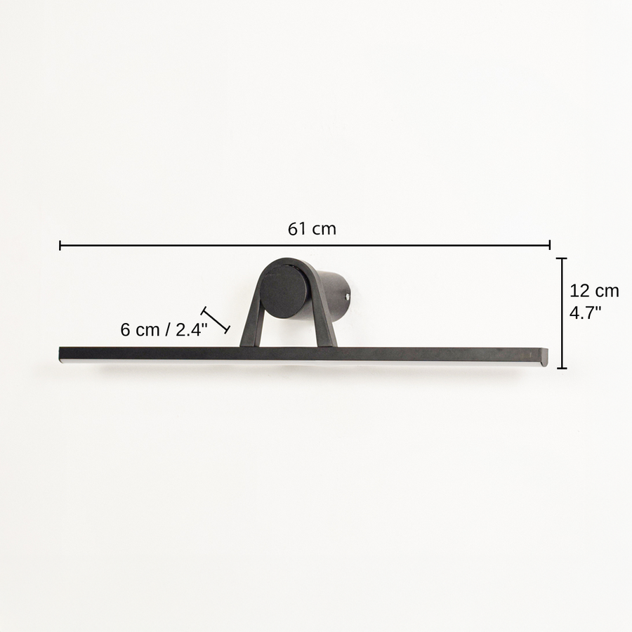 Black metal picture light, base 12 x 12 x 61 cm (4.7 x 4.7 x 24.0 inches), canopy 6 x 6 cm (2.4 x 2.4 inches) dimensions