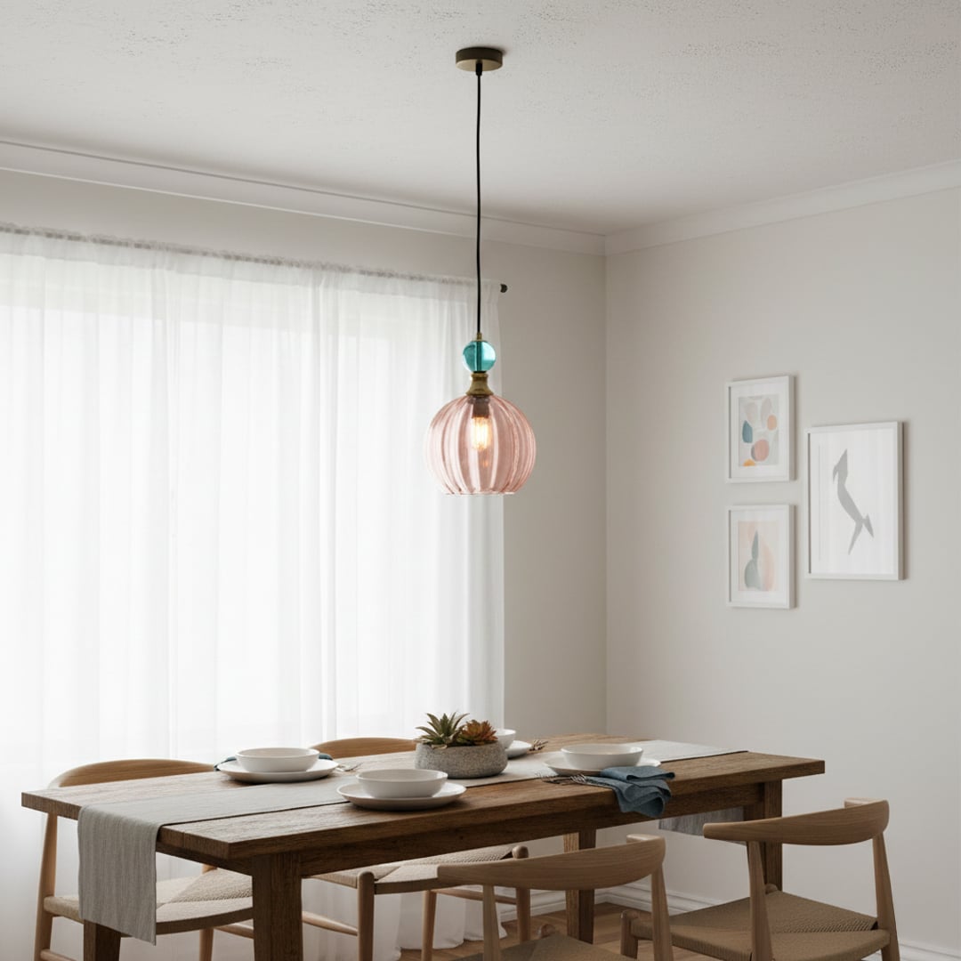 Pink and blue glass pendant light above dining table adding artistic charm and soft elegance.