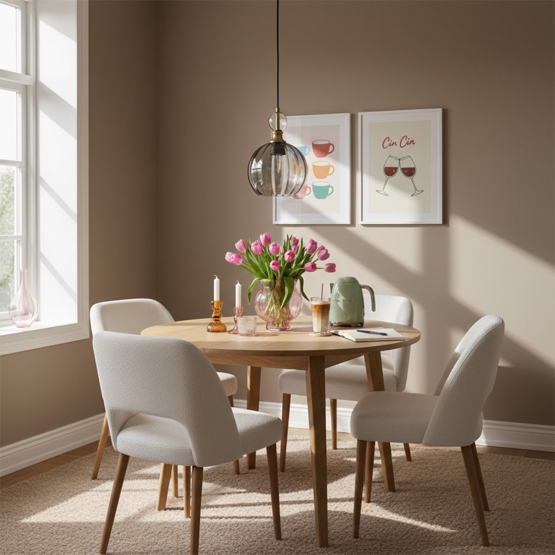Smoky grey glass pendant light with antique brass accents enhancing dining room decor with elegant warmth.