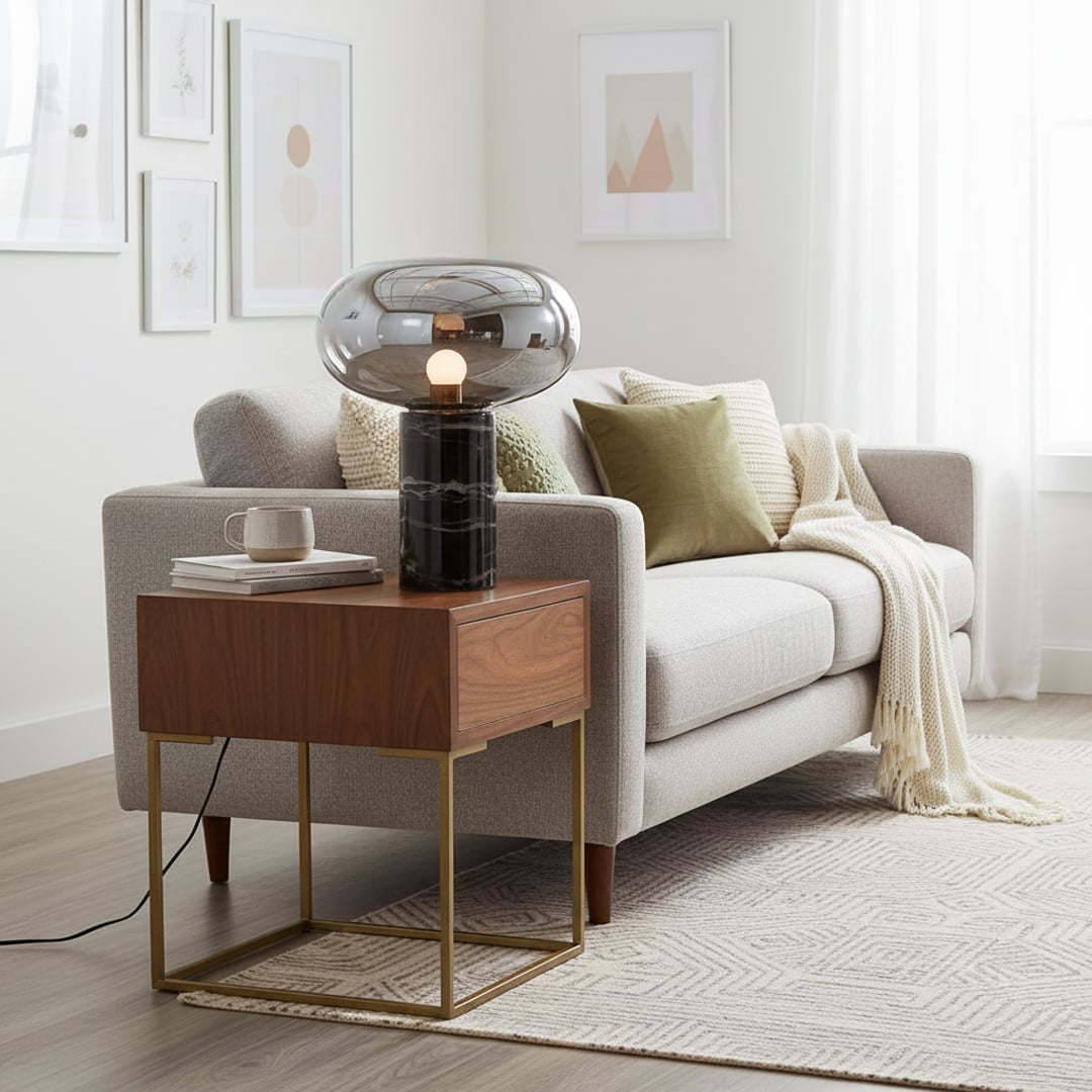 Smoked glass and black marble table lamp styled beside a beige sofa on a wooden side table creating a warm and cozy modern living room setting.