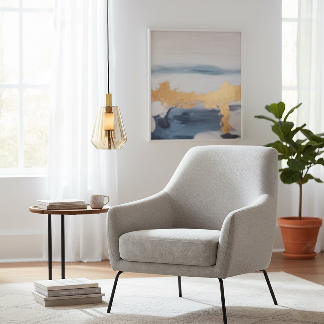 Amber glass and gold metal pendant light adding warm elegance beside the armchair in modern interiors.