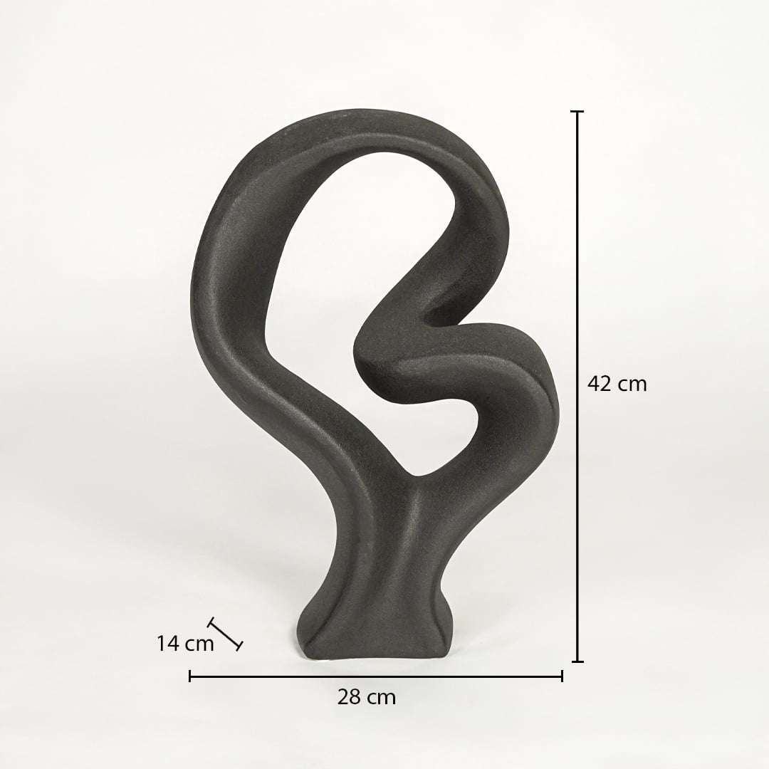 Black abstract sculptural decor object dimension image showing 42 cm height and 28 cm width modern statement accent.
