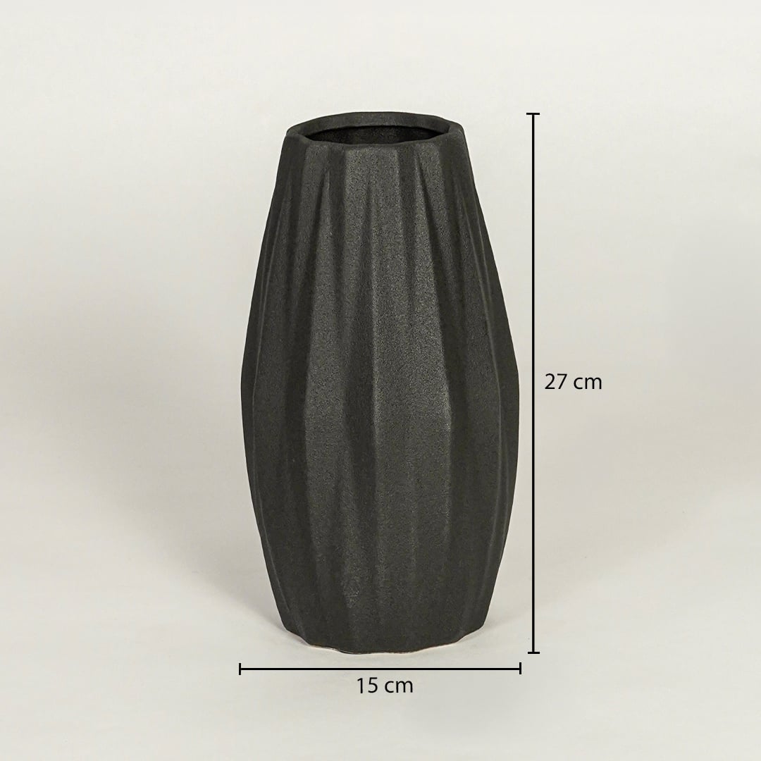 Black ceramic decorative vase showing 27 cm height and 15 cm width suitable for table shelf or console placement.