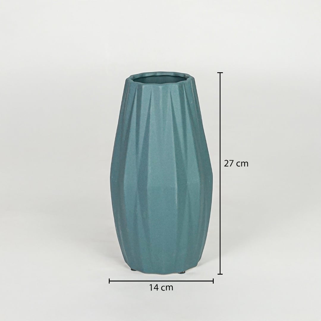 Green ceramic decorative vase size 27 cm height 14 cm length modern textured flower vase dimension reference image.