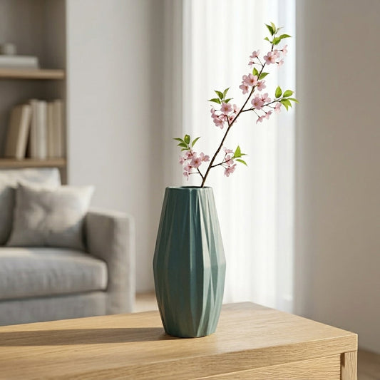 Green ceramic decorative flower vase placed on wooden table with flowers modern living room home decor styling idea.