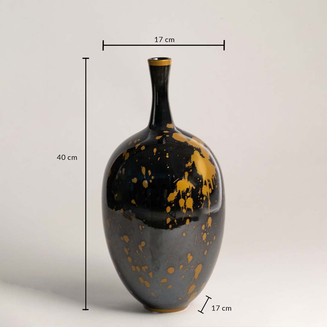 Decorative black glass vase with gold speckle finish showing 30 cm height and 12 cm width for tabletop and console Decor placement.