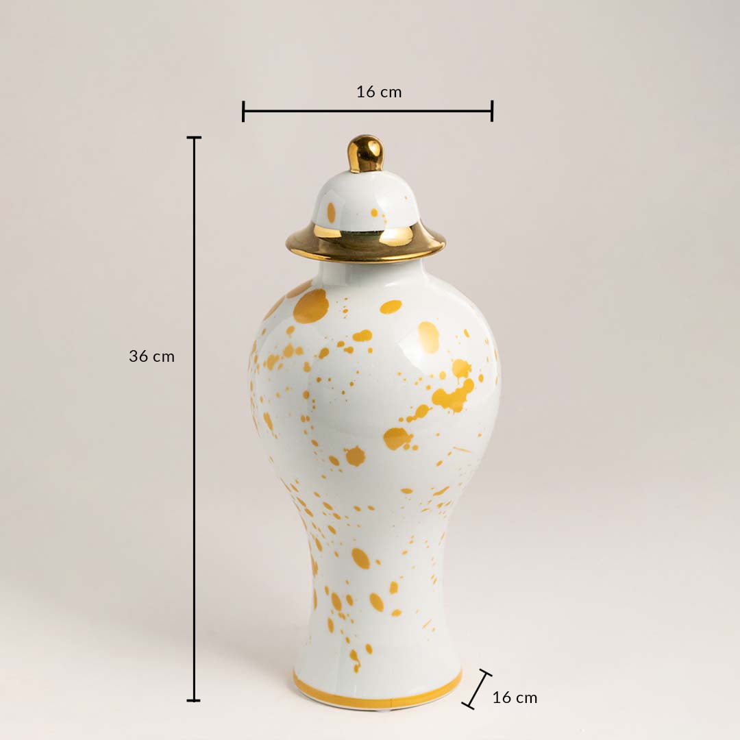 White ceramic decorative jar with gold detailing showing approximately 42 centimeter height and 20 centimeter width for table decor.