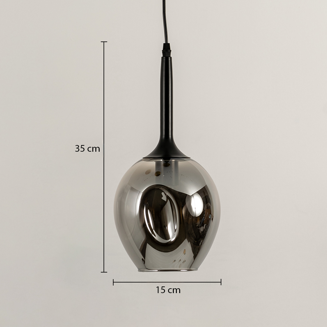 Dimension image of smoked glass pendant light with black metal stem showing 35 cm height and 15 cm width.