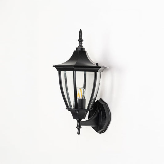 Black exterior wall lantern with light switched off displayed on white background showing metal finish glass panels and mounting details.