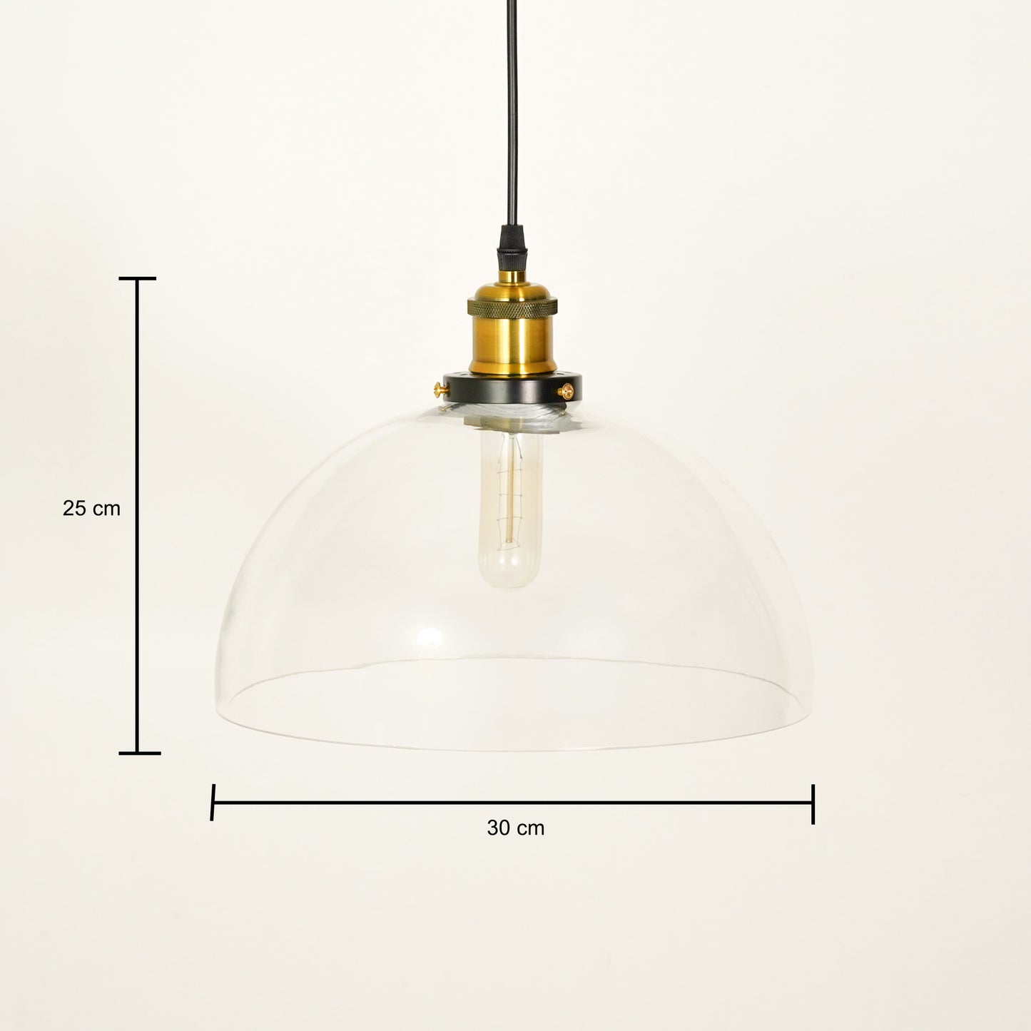 Clear glass pendant light with brass holder for kitchen island dining room or living space showing product dimensions.