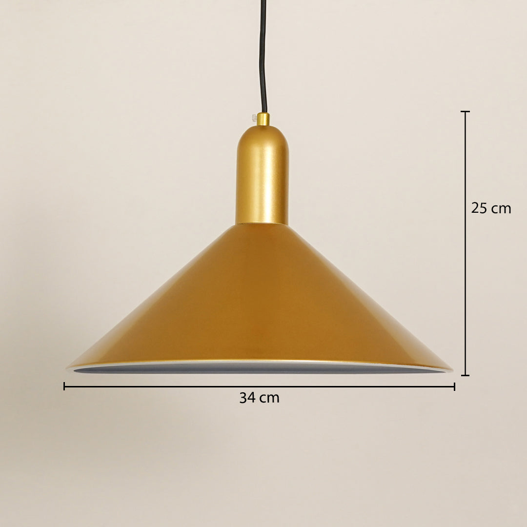 Matte gold metal pendant light with cone shade and size details for sophisticated ceiling decor.