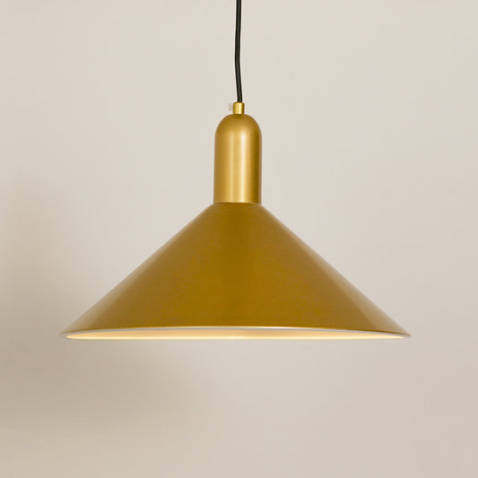 Matte gold metal pendant light with wide cone shade designed for contemporary home lighting.