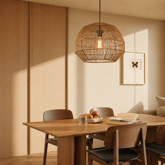 A woven rattan pendant light hangs over a wooden dining table in a warm, modern dining room with wood-paneled walls and soft sunlight streaming through blinds.
