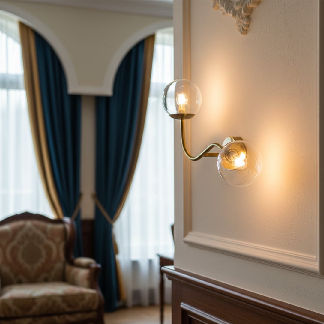 Luxury gold and glass wall lights with warm glow for elegant bedroom and premium interior decor spaces.