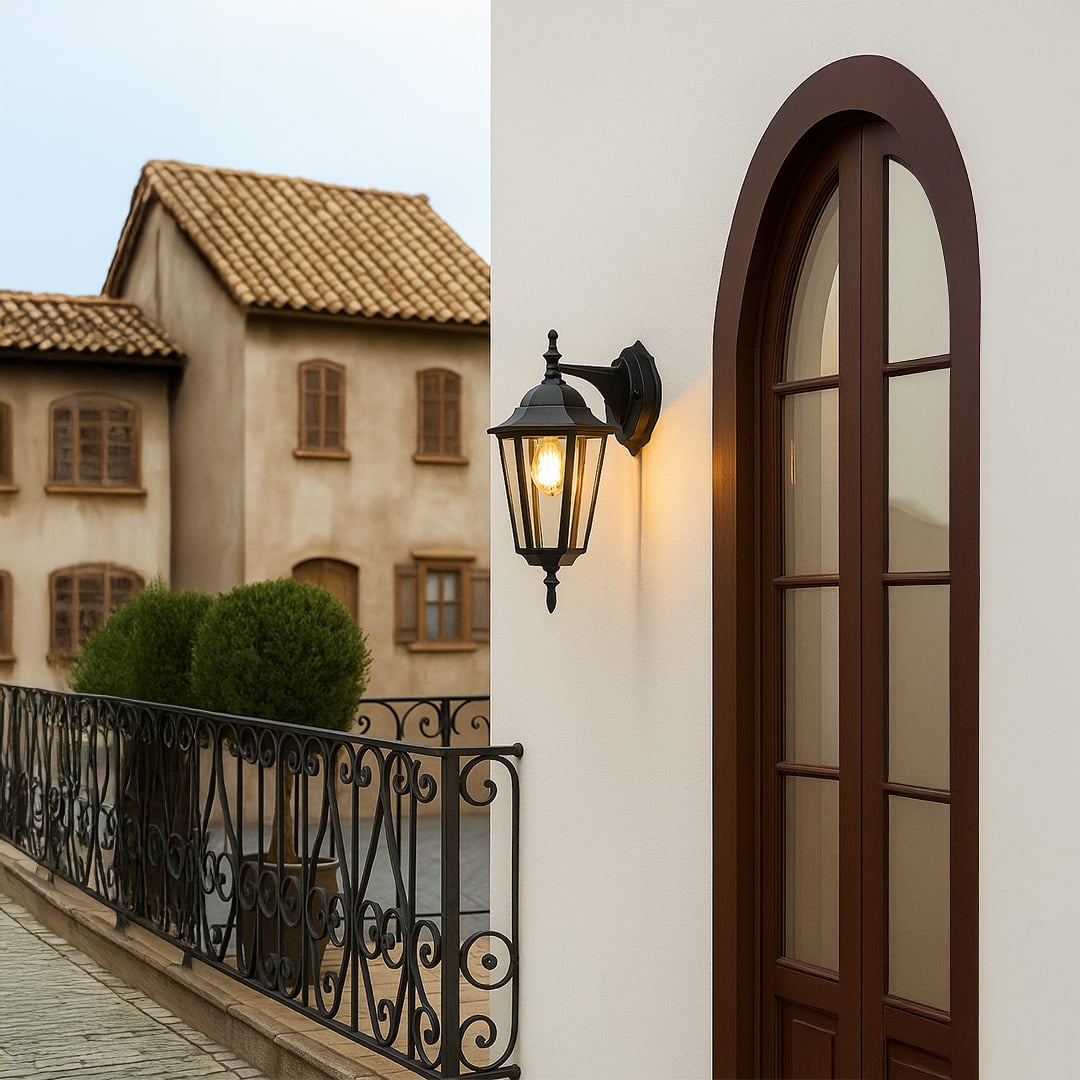 Modern outdoor wall lantern enhancing exterior walls with sleek black frame and clear glass panels for elegant night lighting.