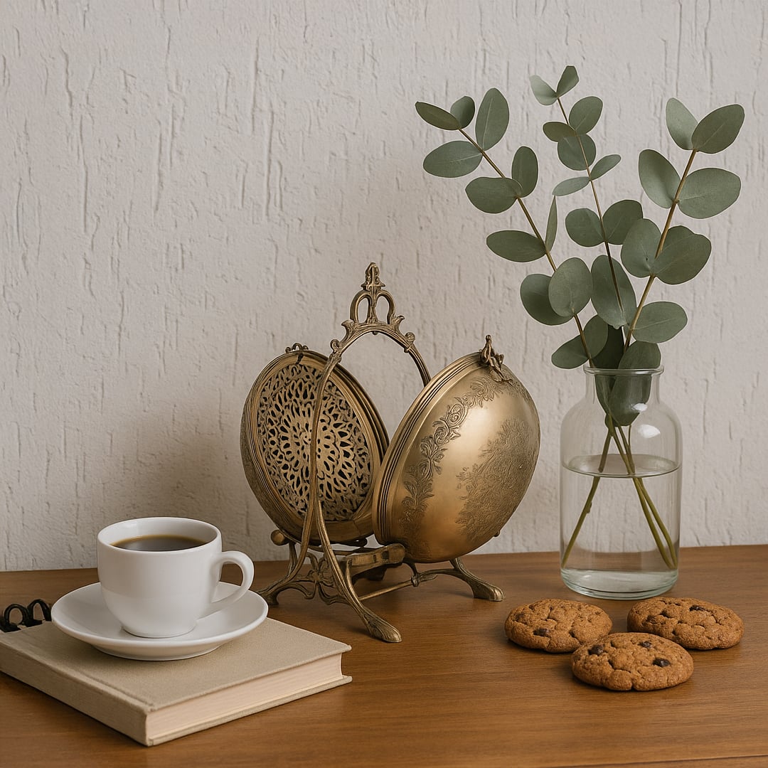 A decorative brass swing bowl with intricate floral engravings placed on a wooden table beside a coffee cup book and vase offering an elegant lifestyle presentation.