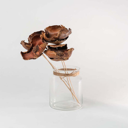 Three natural brown dried woody pod flower stems arranged inside a clear glass vase jar for rustic farmhouse kitchen decor.