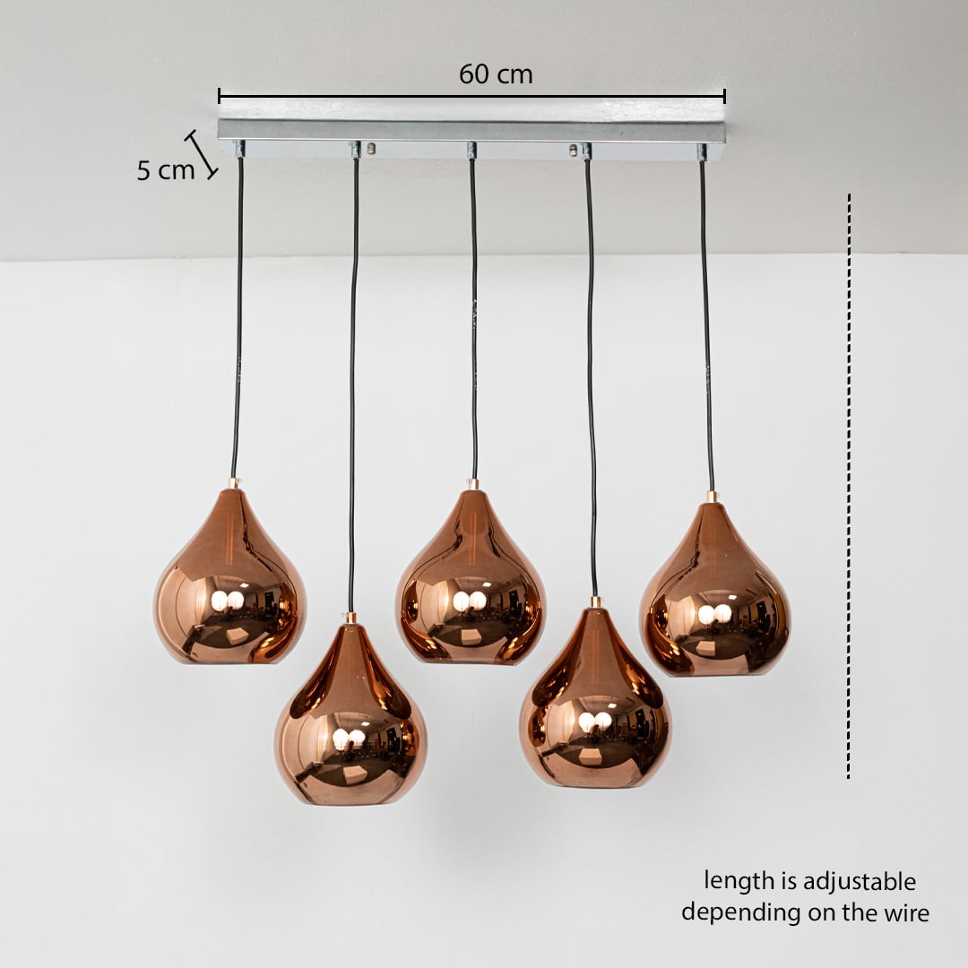 Five copper finish pendant lights dimension image with adjustable length and 60 cm canopy for luxury dining placement.