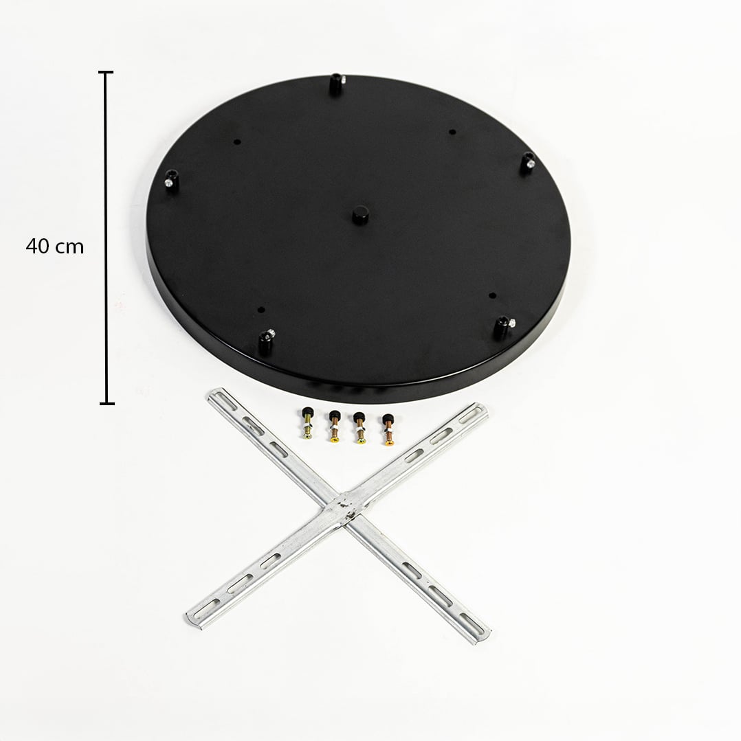 Black metal ceiling mounting plate dimension image with 40 cm width for pendant light installation.