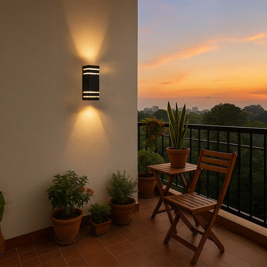 Sleek rectangular black wall light adding a modern touch to outdoor spaces with elegant illumination.