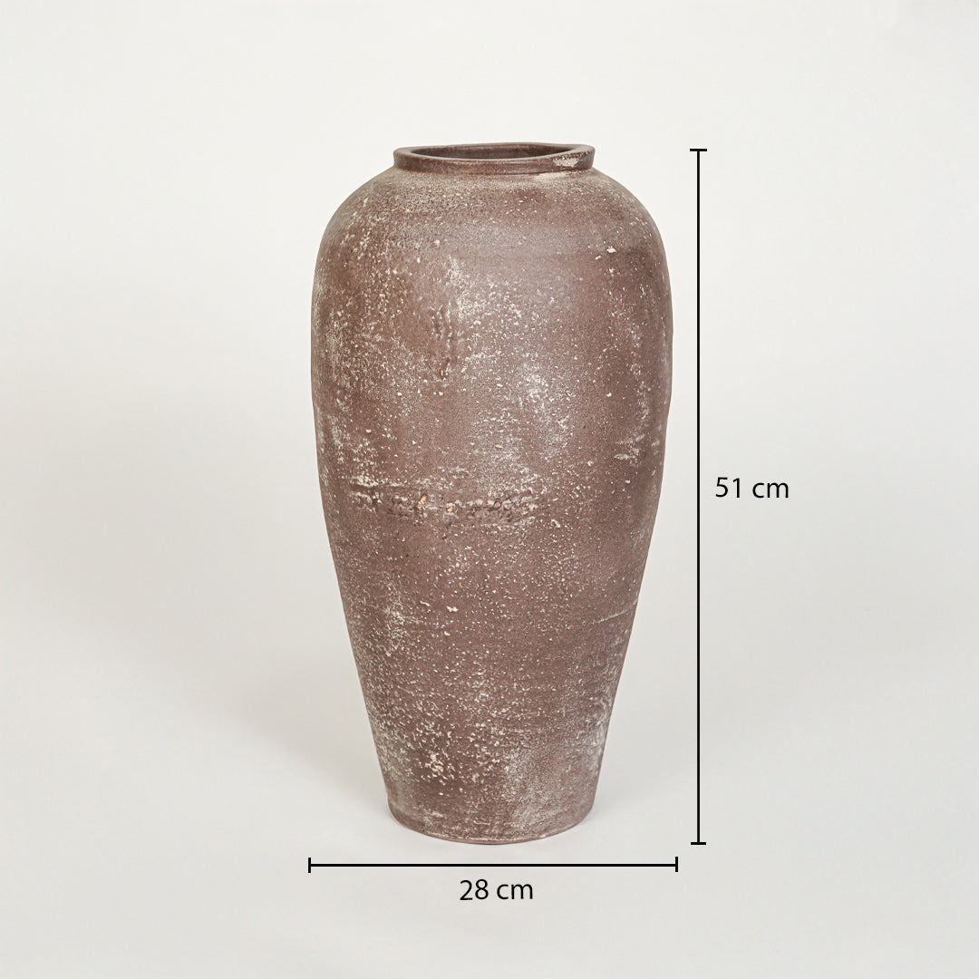 Dimension image of brown ceramic floor vase for modern interior decor styling with rustic matte finish display.