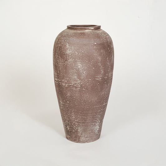 White background image of brown ceramic decorative vase for elegant floor placement with rustic matte finish.
