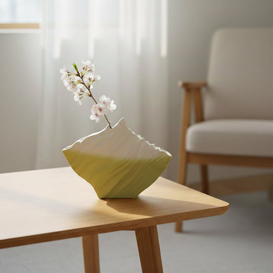 White and soft green textured ceramic vase styled on console table modern decorative ceramic accent for living room styling home.