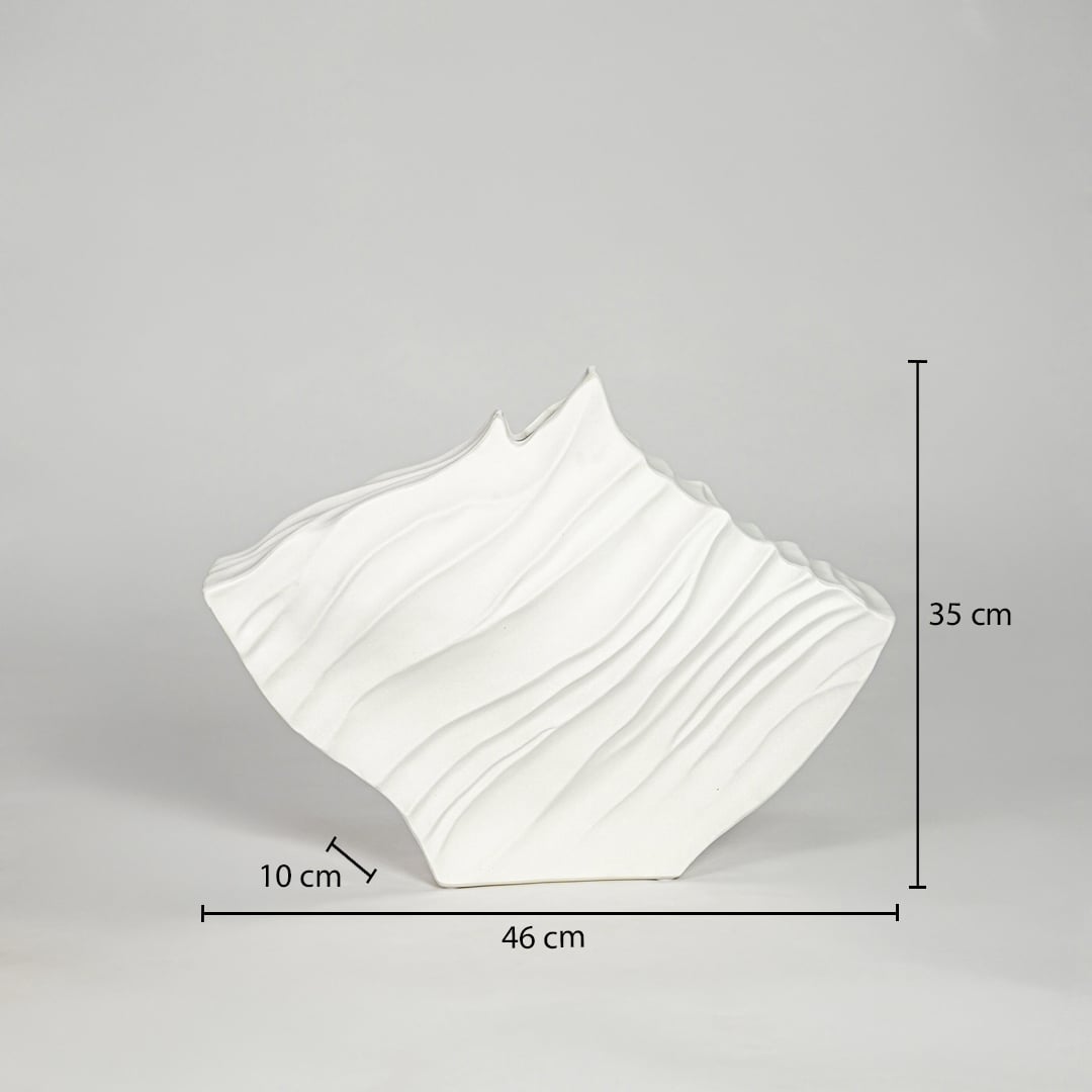 White ceramic abstract vase size 35 cm height 40 cm width 10 cm depth decorative designer vase for console table styling.