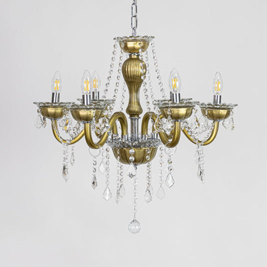 Vintage gold metal crystal chandelier displayed on white background ideal for classic warm interior ceiling styling.