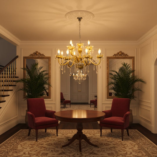 Elegant gold metal chandelier with crystal drops adding luxurious warm lighting for living room and dining room decor.