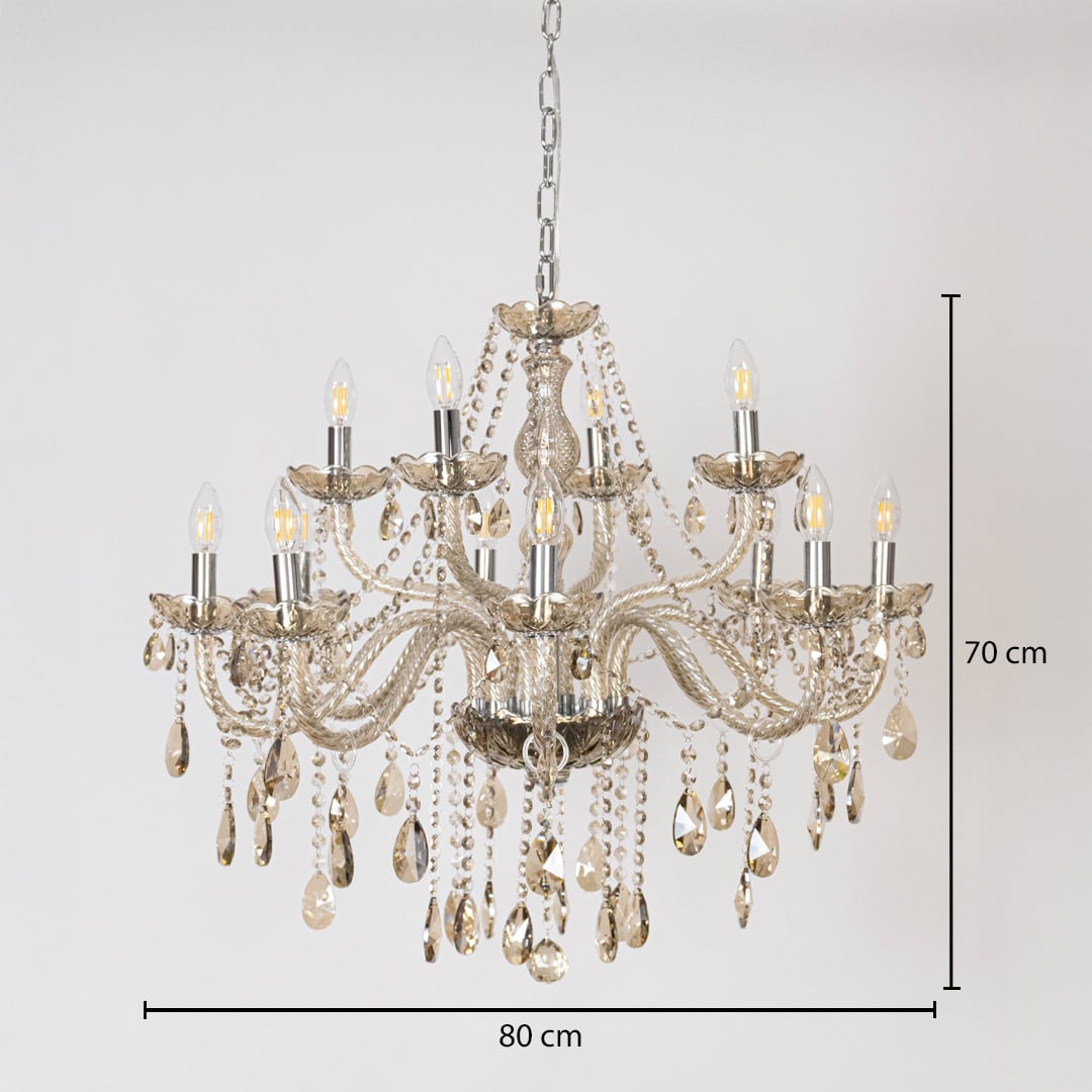 Golden chandelier with crystal accents shown with 80 cm width and 70 cm height for luxury decorative lighting.