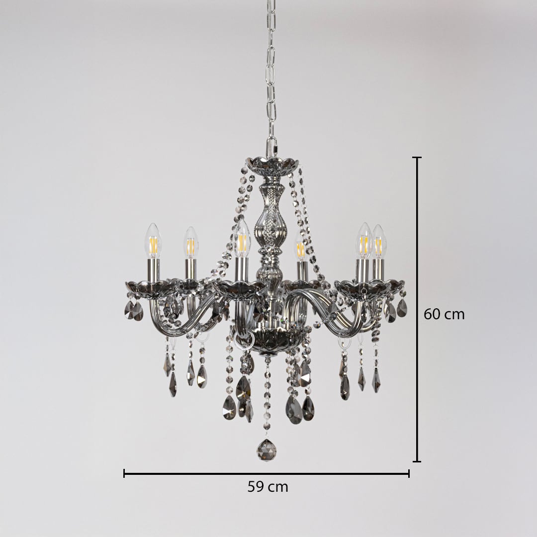 Smoky grey chandelier with crystal detailing shown with 59 cm width and 60 cm height for stylish decorative use.