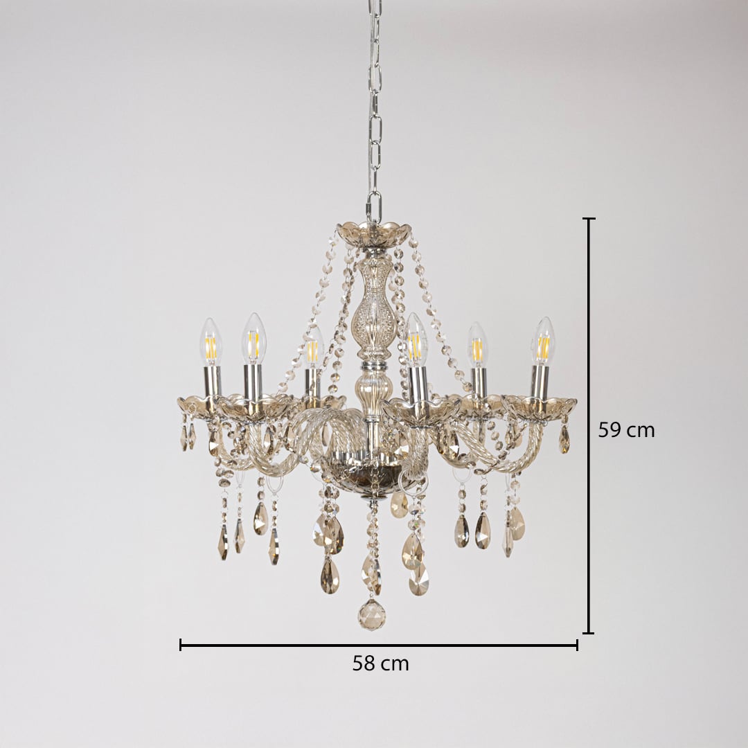 Golden crystal chandelier with elegant design shown with 58 cm width and 59 cm height for luxury home lighting.