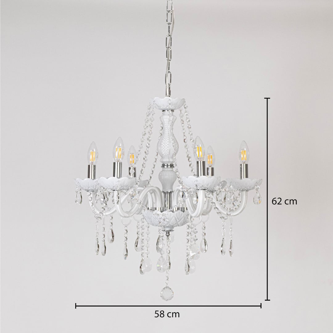 White chandelier with crystal accents shown with 58 cm width and 62 cm height for stylish decorative home lighting.