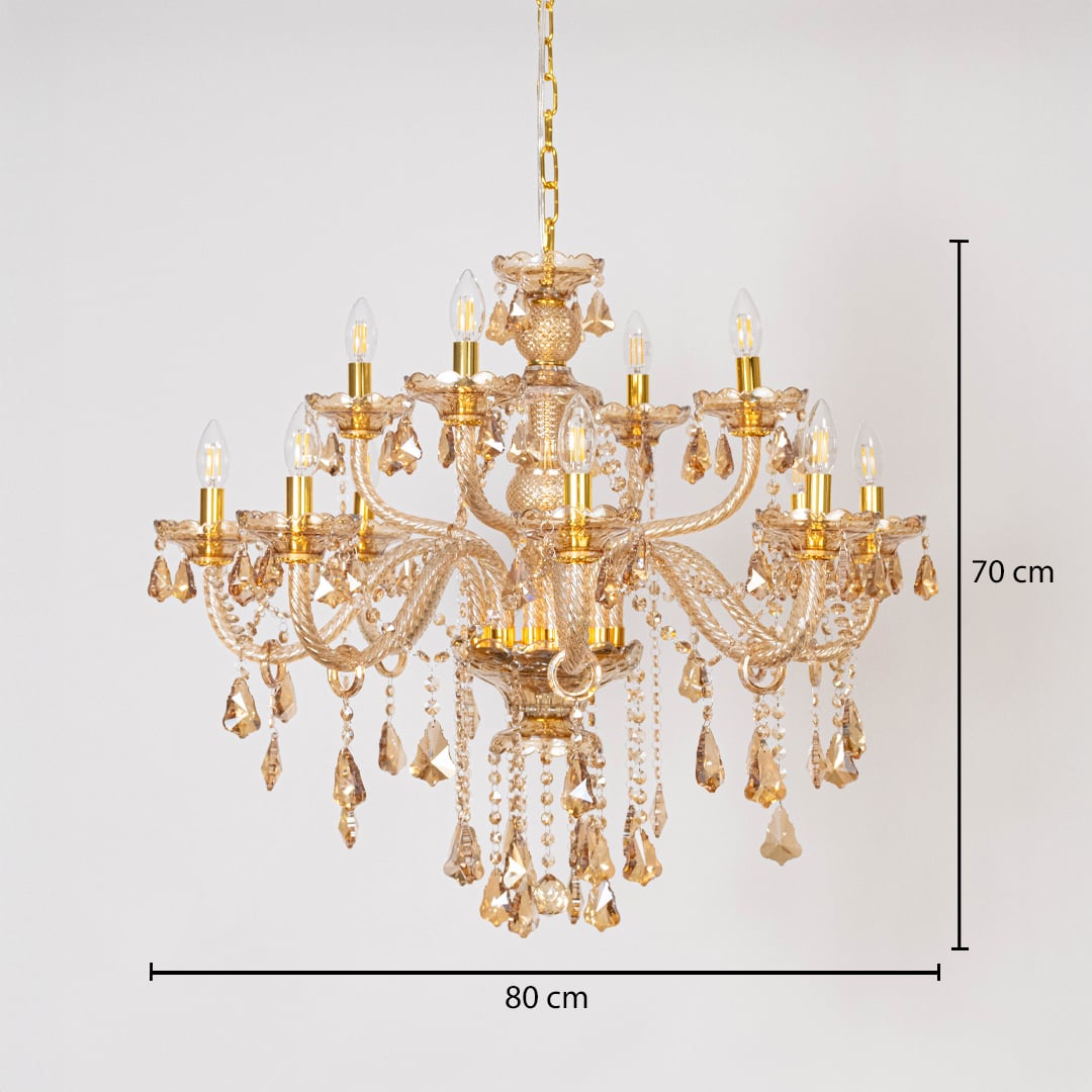 Golden chandelier with measurements 70 cm height and 80 cm width showing crystal design on white background.