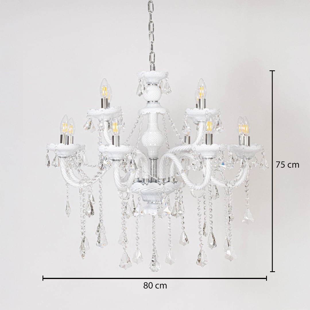 White chandelier with measurements 75 cm height and 80 cm width showing crystal hanging design on white background.
