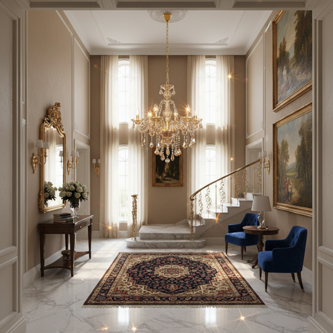 Gold crystal chandelier with sparkling crystal accents creating elegant ambient lighting in a grand luxury living room.