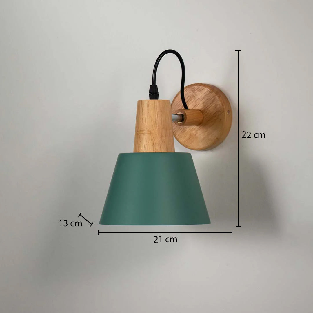 Green metal wooden wall light with 22 cm height 21 cm width and 13 cm depth for modern decor spaces.